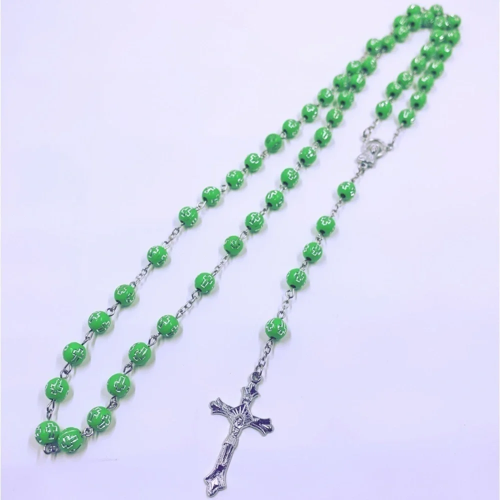 Catholic Lime Green Beaded Rosary Silver Crucifix Mary Cross Prayer Beads